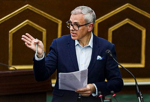 J&K Chief Minister Omar Abdullah speaks during Budget session of the J&K Assembly, in Jammu, Tuesday, March 11, 2025.
