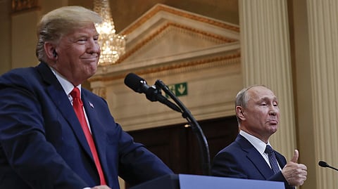 In this photo from July 16, 2018, Russian President Vladimir Putin, right, and US President Donald Trump give a joint news conference.