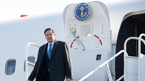 US Secretary of State Marco Rubio disembarks from a military airplane upon arrival at Quebec City Jean Lesage International Airport in Quebec, Canada, March 12, 2025, as he travels to a G7 Foreign Ministers meeting.