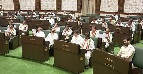 CM Revanth Reddy along with congress MLAs during the first day of telangana assembly session 2025.