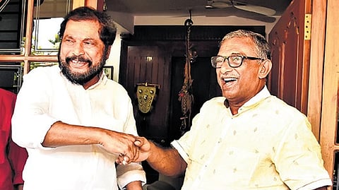 CPM district secretary Raju Abraham with former CPM MLA A Padmakumar at his residence in Aranmula, Pathanamthitta