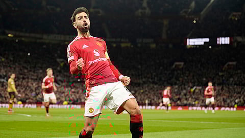 Manchester United's Bruno Fernandes celebrates scoring his side's first goal.