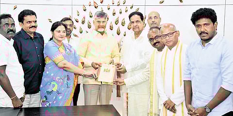 TTD Chairman BR Naidu along with Trust Board members and officials met Chief Minister Nara Chandrababu Naidu and invited him to Srivari Kalyanotsavam in Venkatapalem Sir Venkateswara temple on Friday.