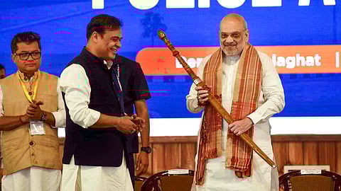 Union Home Minister Amit Shah during the inauguration of Lachit Barphukan Police Academy, in Golaghat, Saturday, March 15, 2025. Assam Chief Minister Himanta Biswa Sarma is also seen.