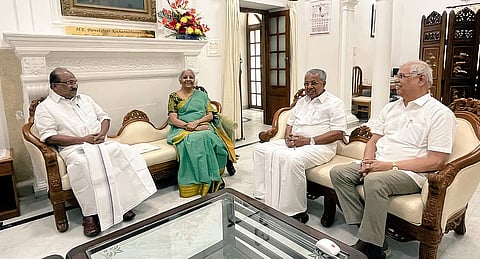 (R-L) Kerala Governor Rajendra Arlekar, Kerala Chief Minister Pinarayi Vijayan, Union Finance Minister Nirmala Sitharaman and KV Thomas, Special Representative of Kerala Government in Delhi, during a meeting at Kerala House, in New Delhi, on March 12, 2025.
