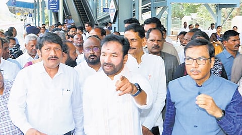 Union Coal & Mines Minister G Kishan Reddy reviews redevelopment works at Begumpet railway station in Hyderabad on Saturday.