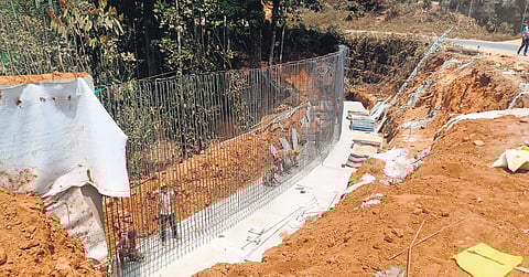 Construction of a retaining wall in progress on Kochi-Munnar NH 85