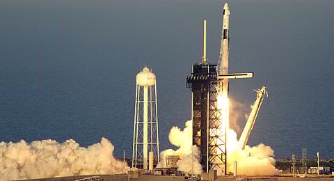 A SpaceX Falcon 9 rocket, with a crew of four aboard the Crew Dragon spacecraft, lifts off on a mission to the International Space Station lifts off from pad 39A at the Kennedy Space Center in Cape Canaveral, Fla., Friday, March 14, 2025.