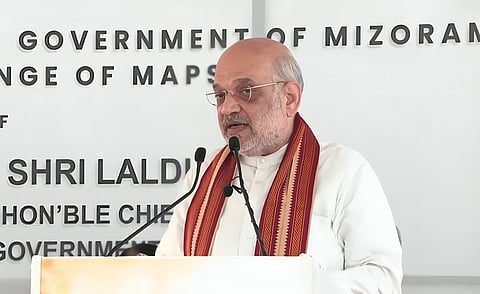 Union Home Minister Amit Shah speaking at the land transfer ceremony held between the Assam Rifles and the Government of Mizoram in Aizawl, Mizoram.