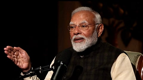 Prime Minister Narendra Modi during a podcast with Lex Fridman, in New Delhi, Sunday, March 16, 2025.