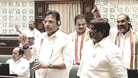 Legislative Affairs Minister D Sridhar Babu speaks during the Assembly session.