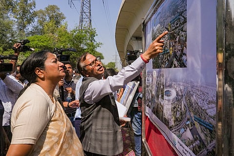 Delhi Chief Minister Rekha Gupta during inspection of the ongoing work at Sunheri Pul, Kushak and Barapullah drain, in New Delhi, Sunday, March 16, 2025. (