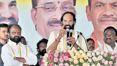 Irrigation Minister Uttam Kumar Reddy addresses a public meeting at Thungathurthy.