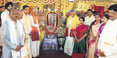 Governor S Abdul Nazeer and Chief Minister Nara Chandrababu Naidu participate in Srinivasa Kalyanam at Venkatapalem on Saturday evening