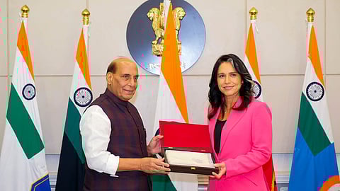 Defence Minister Rajnath Singh during a meeting with USA's Director of National Intelligence Tulsi Gabbard, in New Delhi
