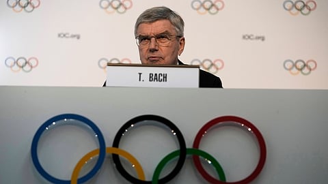 International Olympic Committee President Thomas Bach speaks during a press conference, ahead of the 144th session which will elect the new IOC President, in Costa Navarino, southwestern Greece, Monday, March 17, 2025.
