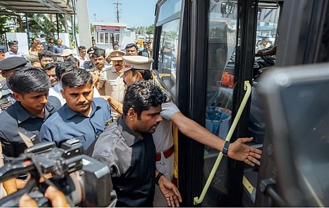Annamalai, clad in a black shirt, was detained near his house along with his supporters by the police.
