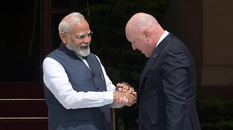Prime Minister Narendra Modi shakes hand with New Zealand Prime Minister Christopher Luxon before a meeting, at the Hyderabad House in New Delhi on March 17, 2025
