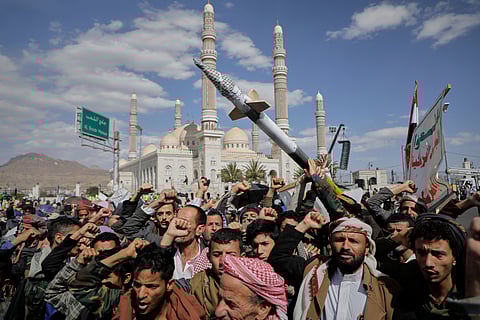 Houthi supporters chant slogans during an anti-U.S. and anti-Israel rally in Sanaa, Yemen on March 18.