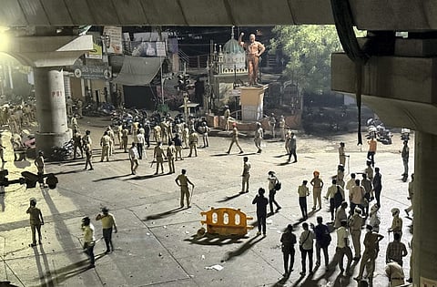 Police dispersed an agitating crowd as communal tension prevailed Chitnis Park area following the VHP-Bajrang Dal protest, in Nagpur.