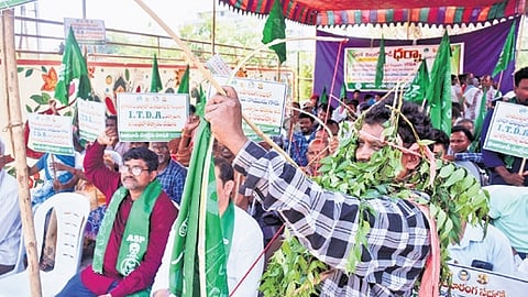 Members of Adivasi Welfare Parishad stage a protest at Dharna Chowk demanding new ITDA.