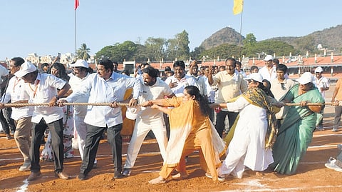 The Legislators’ Sports Meet commenced with MLAs and MLCs participating actively in tug-of-war at IGMC Stadium in Vijayawada on Tuesday