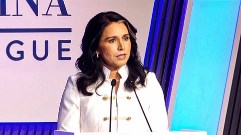 US Director of National Intelligence Tulsi Gabbard addresses the gathering at the Raisina Dialogue 2025, in New Delhi