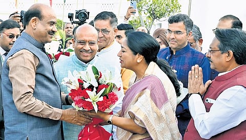 LS Speaker Om Birla being welcomed at MLAs’ event on Tuesday.