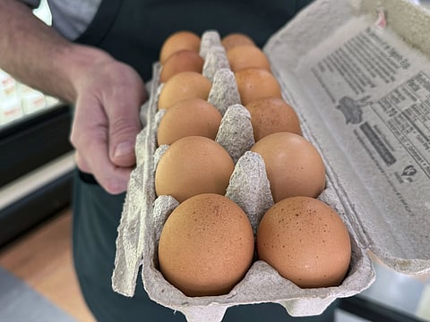 Joe Trimble, owner of Encinal Market holds an open carton of eggs in Alameda, Calif., on Tuesday, February 11, 2025.