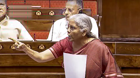Union Finance Minister Nirmala Sitharaman speaks in the Rajya Sabha during the Budget session of Parliament, in New Delhi, Tuesday.