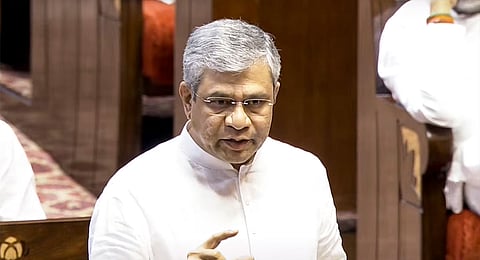 Union Railways Minister Ashwini Vaishnaw speaks in the Rajya Sabha during the Budget session of Parliament, in New Delhi, Monday, March 17, 2025.