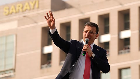 Istanbul's Mayor Ekrem Imamoglu addresses his supporters in front of the Istanbul courthouse, in Istanbul, Turkey, Friday, Jan. 31, 2025.