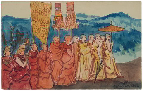 Artist Ramen Kundu's depiction of Buddha Purnima procession