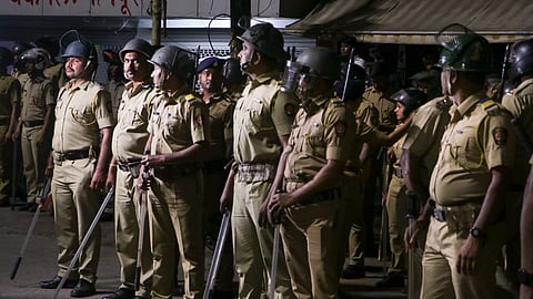 Heavy police force deployed in the Chitnis Park area where tension prevailed following VHP-Bajrang Dal protests over removal of Aurangzeb's tomb from the state of Maharashtra, in Nagpur, Tuesday, March 18, 2025