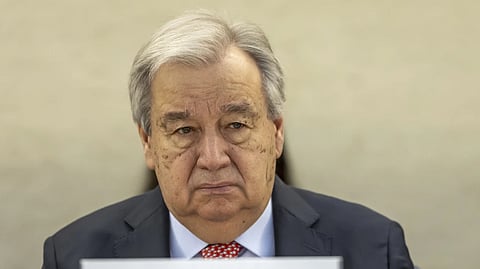 UN Secretary-General Antonio Guterres attends the High-Level Segment of the 58th session of the Human Rights Council at the European headquarters of the United Nations in Geneva, Switzerland, Monday, Feb. 24, 2025.
