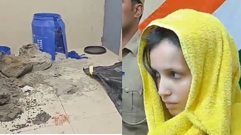 The drum from where Saurabh Rajput's body was recovered (L), Kiler wife Muskan Rastogi