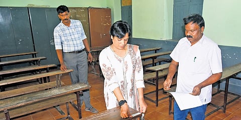 An SSLC examination centre being readied in Mysuru on Thursday.