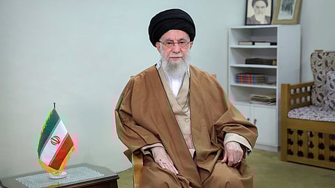 In this photo released by the official website of the office of the Iranian supreme leader, Supreme Leader Ayatollah Ali Khamenei addresses the nation in a televised speech, in Tehran, Iran, Thursday, March 20, 2025.