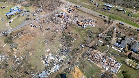 This image taken with a drone shows storm damage at the Lovelady Lane and Dallas County 63 interchange, Monday, March 17, 2025, in Plantersville, Ala, following deadly tornados that hit the area Saturday.