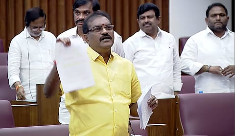 Minister Nimmala Ramanaidu during the council session on Wednesday.