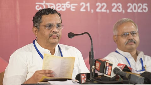 RSS Joint General Secretary CR Mukunda addresses the media during the Akhil Bharatiya Pratinidhi Sabha, the Sangh's three-day top decision-making meet, in Bengaluru on March 21, 2025.