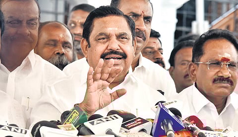 Edappadi K Palaniswami talking to reporters outside the Assembly