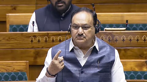 Union Minister JP Nadda speaks in the Lok Sabha during the Budget session of Parliament, in New Delhi, Friday, March 21, 2025.