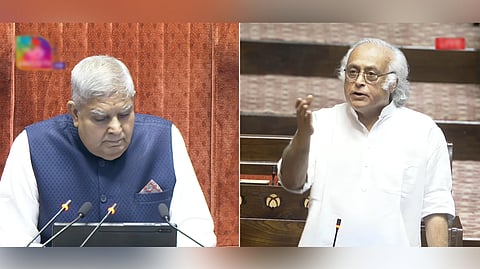 Rajya Sabha Chairman Jagdeep Dhankhar conducts proceedings of the House as Congress MP Jairam Ramesh speaks during the Budget session of Parliament in New Delhi, Friday, March 21, 2025.