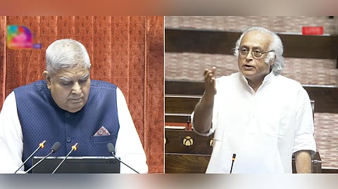 Rajya Sabha Chairman Jagdeep Dhankhar conducts proceedings of the House as Congress MP Jairam Ramesh speaks during the Budget session of Parliament.