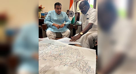 Nitin Gadkari and HD Kumaraswamy at his Parliament office in New Delhi