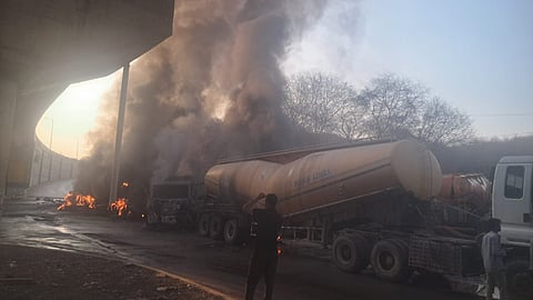 A devastating accident early on Friday morning near the Ladpura intersection on the Bhilwara-Kota highway resulted in a massive fire, reducing four tankers to ashes.