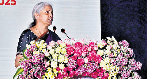 Union Finance Minister Nirmala Sitharaman speaking at an event organised by the Chennai Citizen’s Forum regarding the union budget on Saturday | p ravikumar