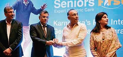 Justice Krishna Dixit,Health Minister Dinesh Gundu Rao and Dr Preethi Reddy at the launch of Seniors First Programme in Apollo Hospital in Bengaluru