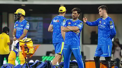 CSK's MS Dhoni and Noor Ahmad during practice on Saturday